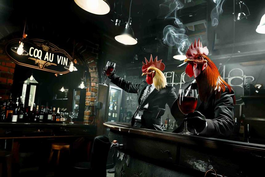 Coq au Vin Na Zdrowie — œuvre d'art animalier humoristique Ouafish