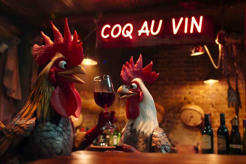 Coq au Vin Salud — œuvre d'art animalier humoristique Ouafish