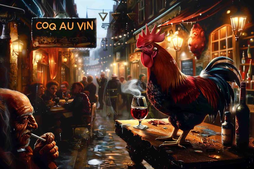 Coq au Vin Salute — œuvre d'art animalier humoristique Ouafish