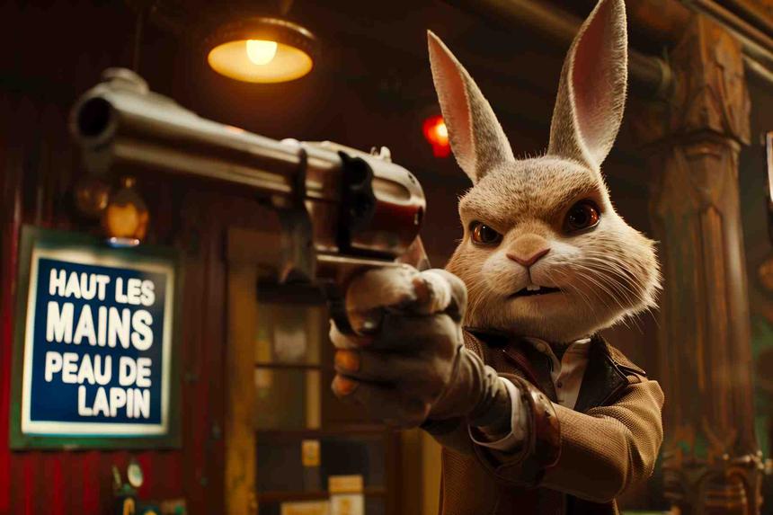 Haut les mains peau de Lapin Jackson — œuvre d'art animalier humoristique Ouafish
