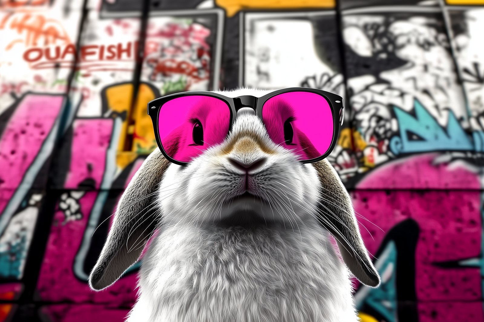 Hans, lapin bélier blanc aux oreilles tombantes portant des lunettes roses, devant un mur de graffitis tagué OUAFISH