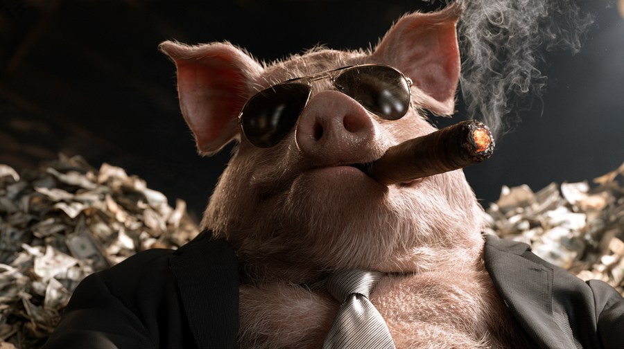 Pendule, cochon trésorier de Ouafish, en costume et lunettes noires, cigare au bec, assis sur une montagne de billets